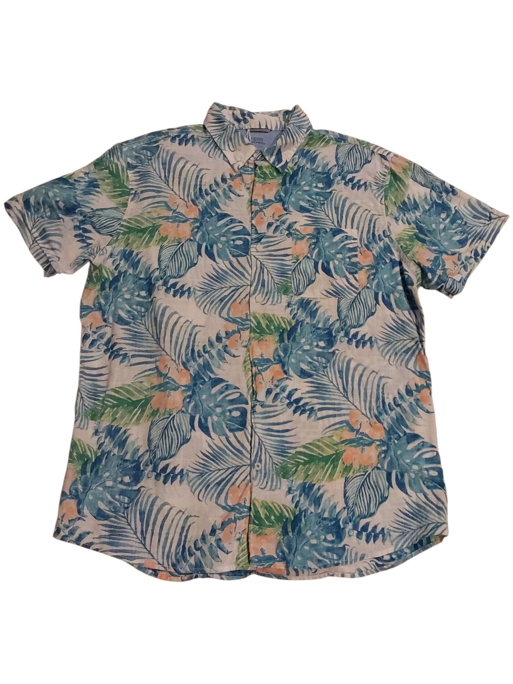 Izod Men's Short-Sleeve Tropical Button-Down Shirt - Blue/Green/Peach Floral XL